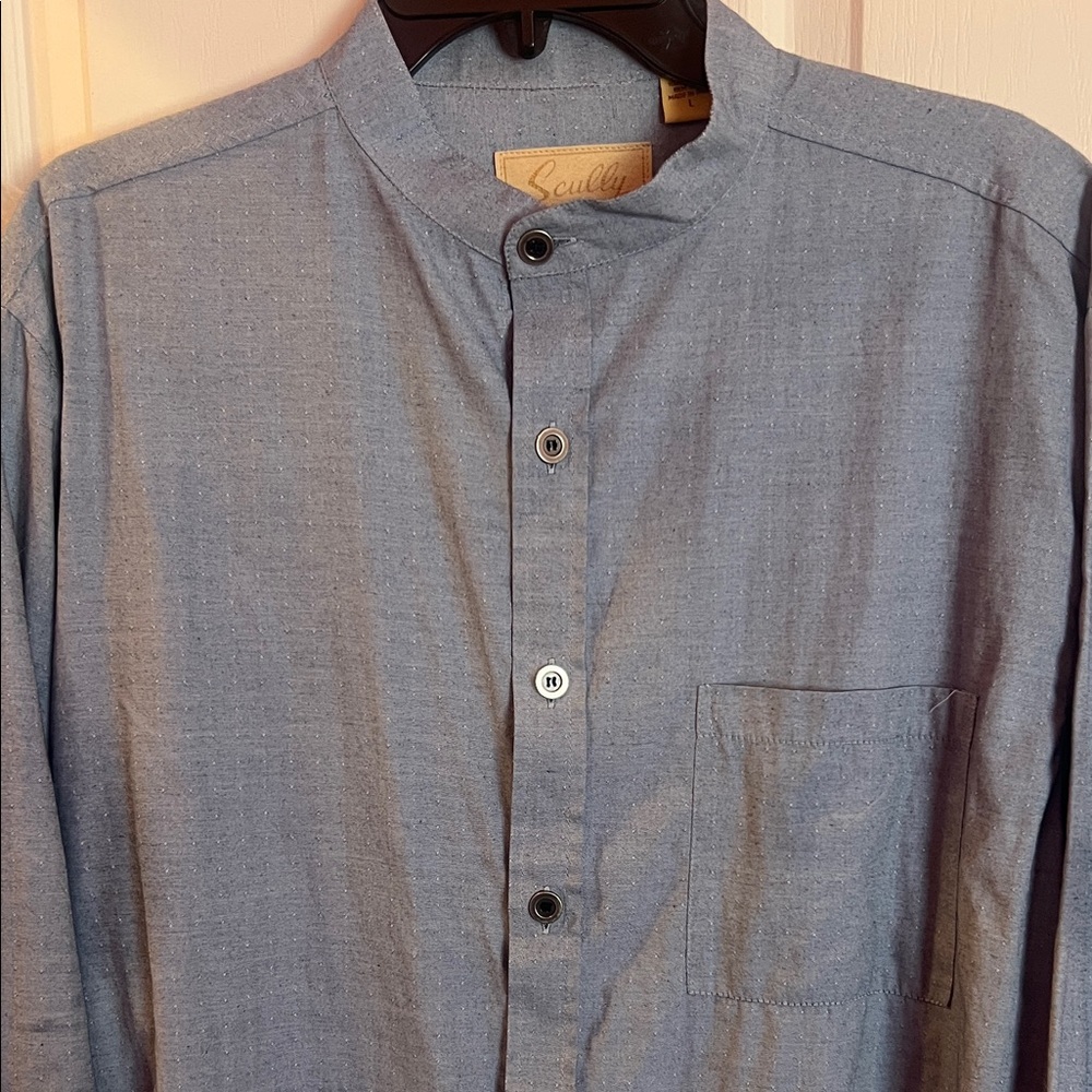 Scully Pale Blue Lightweight Textured Collarless Button Shirt L